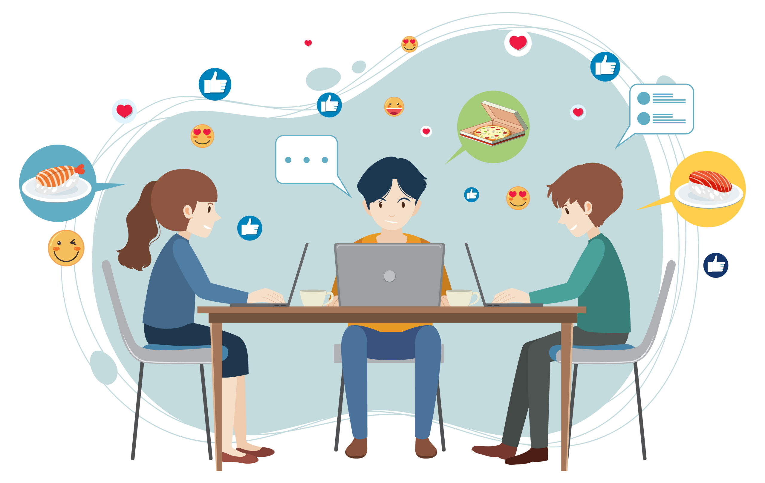 Three people working on laptops, sharing ideas