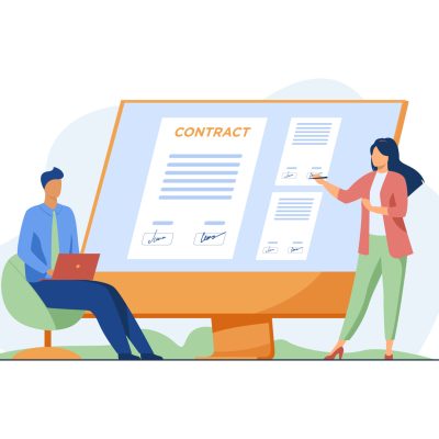 Businesspeople signing contract online. Partners affixing signatures to document on monitor flat vector illustration. Internet, global business concept for banner, website design or landing web page